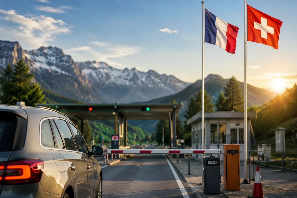 Poste frontière alpin franco-suisse au coucher du soleil