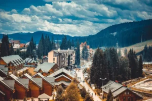 Beautiful autumn landscape in mountains Karpaty in ski resort