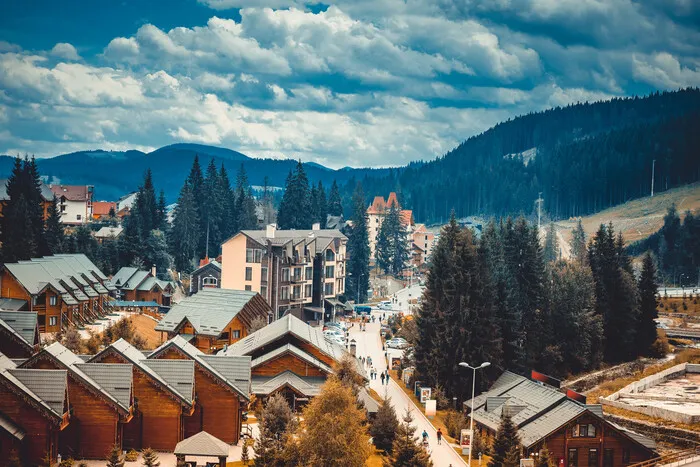 Beautiful autumn landscape in mountains Karpaty in ski resort