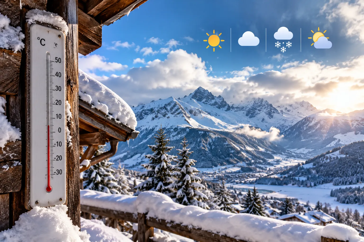 Panorama alpin enneigé et météo hivernale