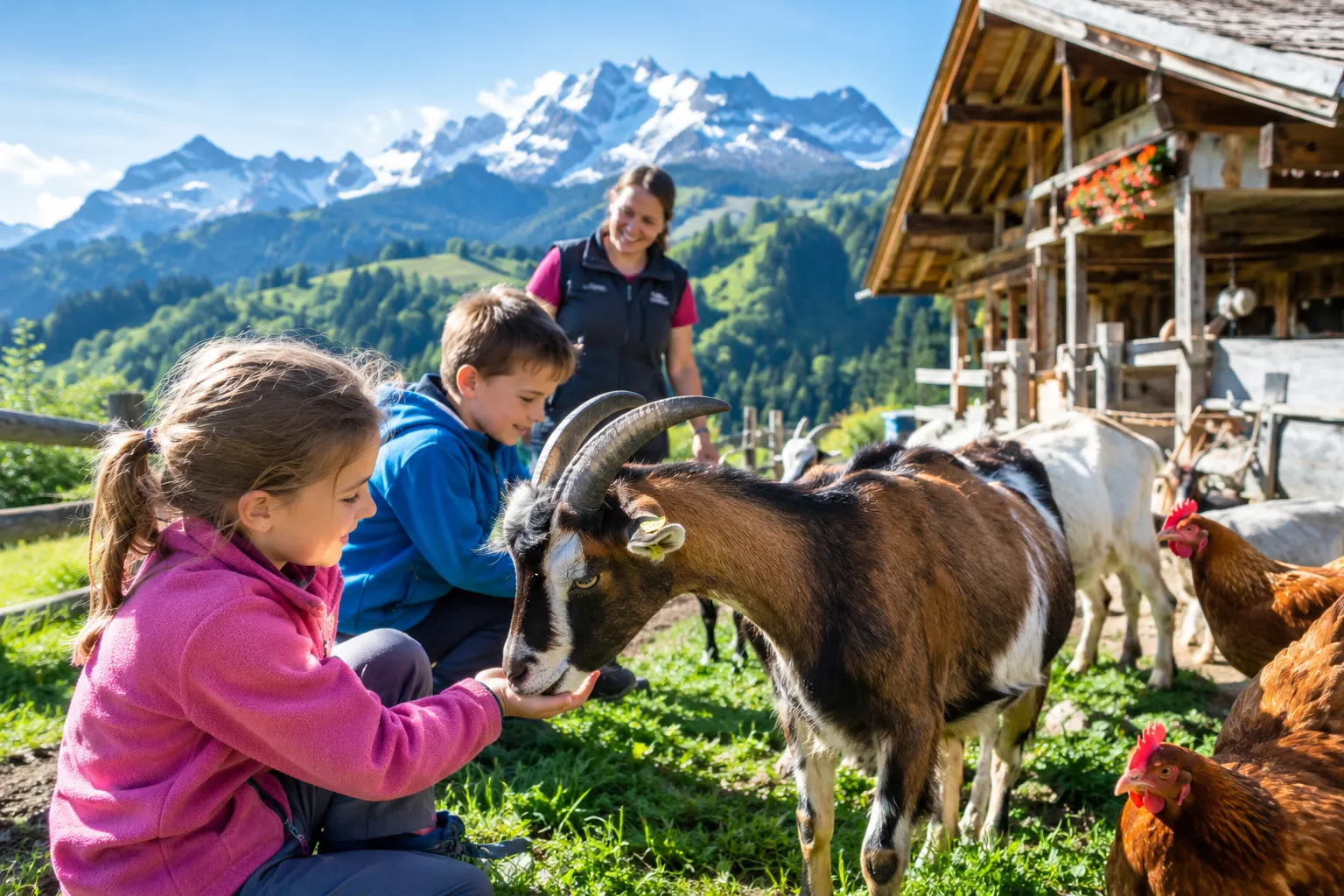 Enfants au contact des animaux dans une ferme traditionnelle pédagogique